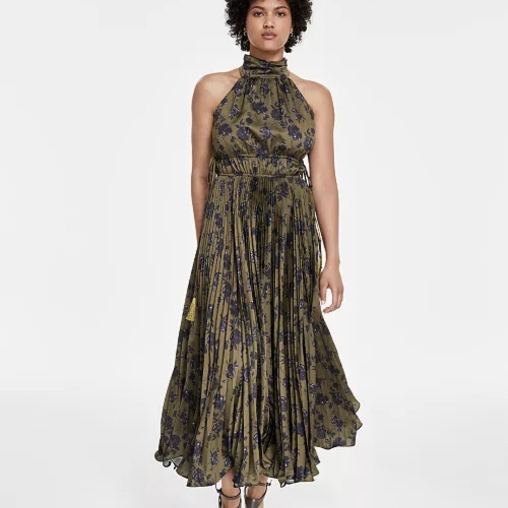 Floral Halter Neck Dress - Olive and Purple